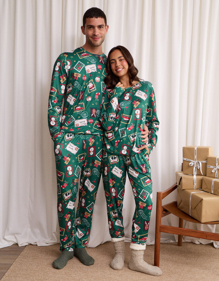 Stamp Print Christmas Pyjama Set in Green