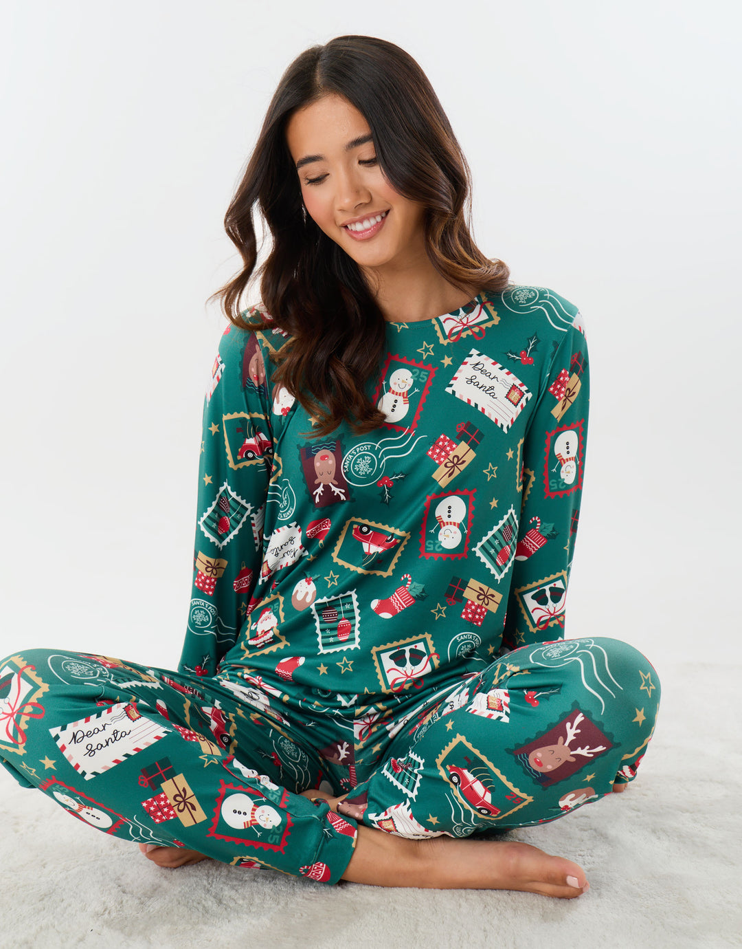 Stamp Print Christmas Pyjama Set in Green