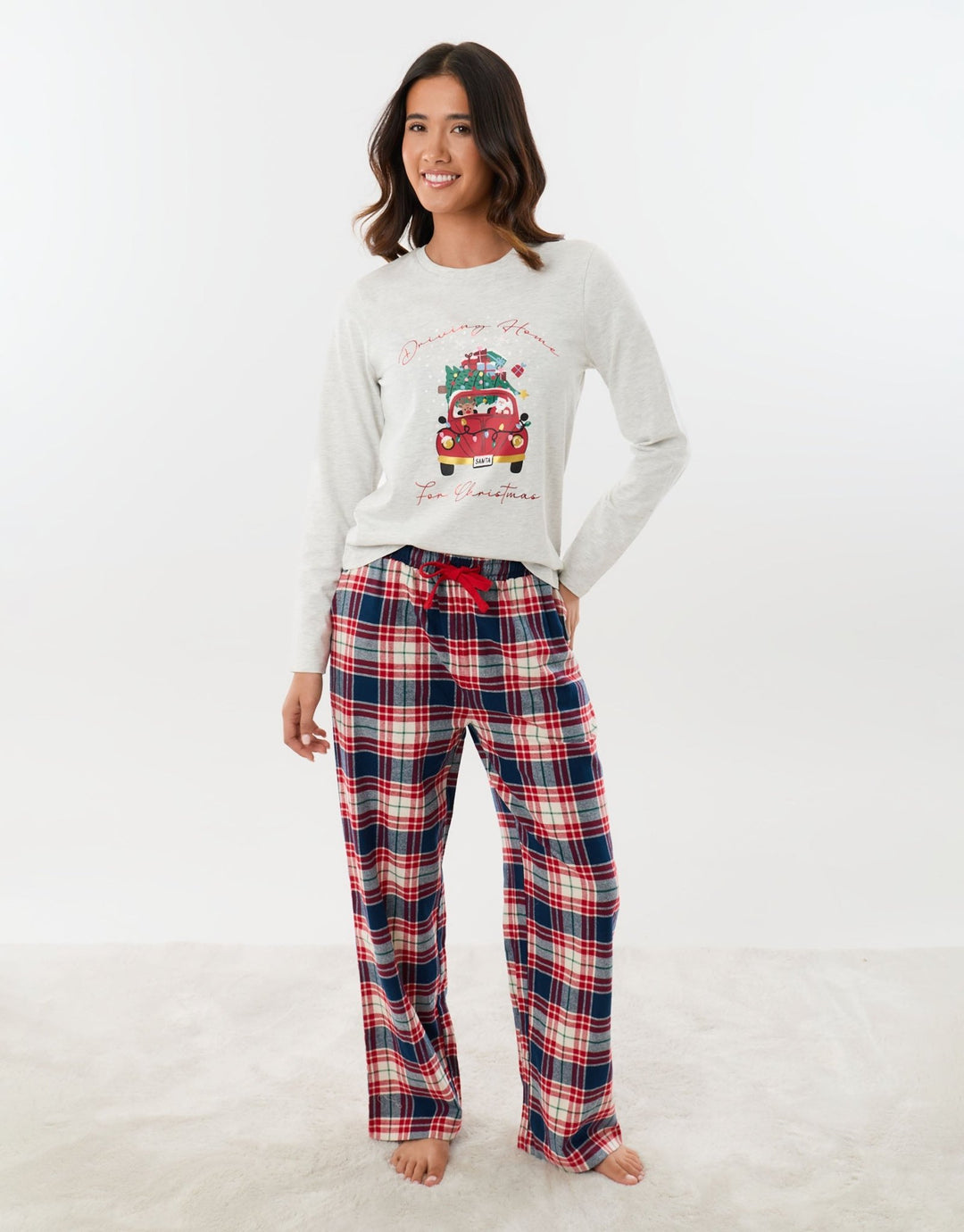 Cotton Driving Home for Christmas Pyjama Set in Cream Check
