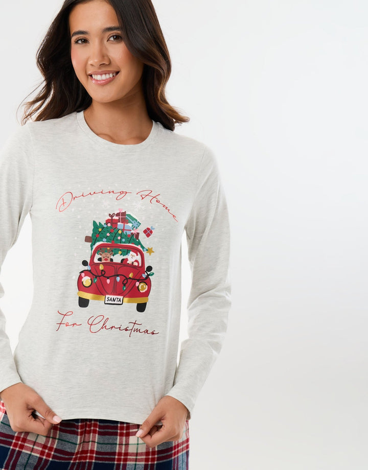 Cotton Driving Home for Christmas Pyjama Set in Cream Check