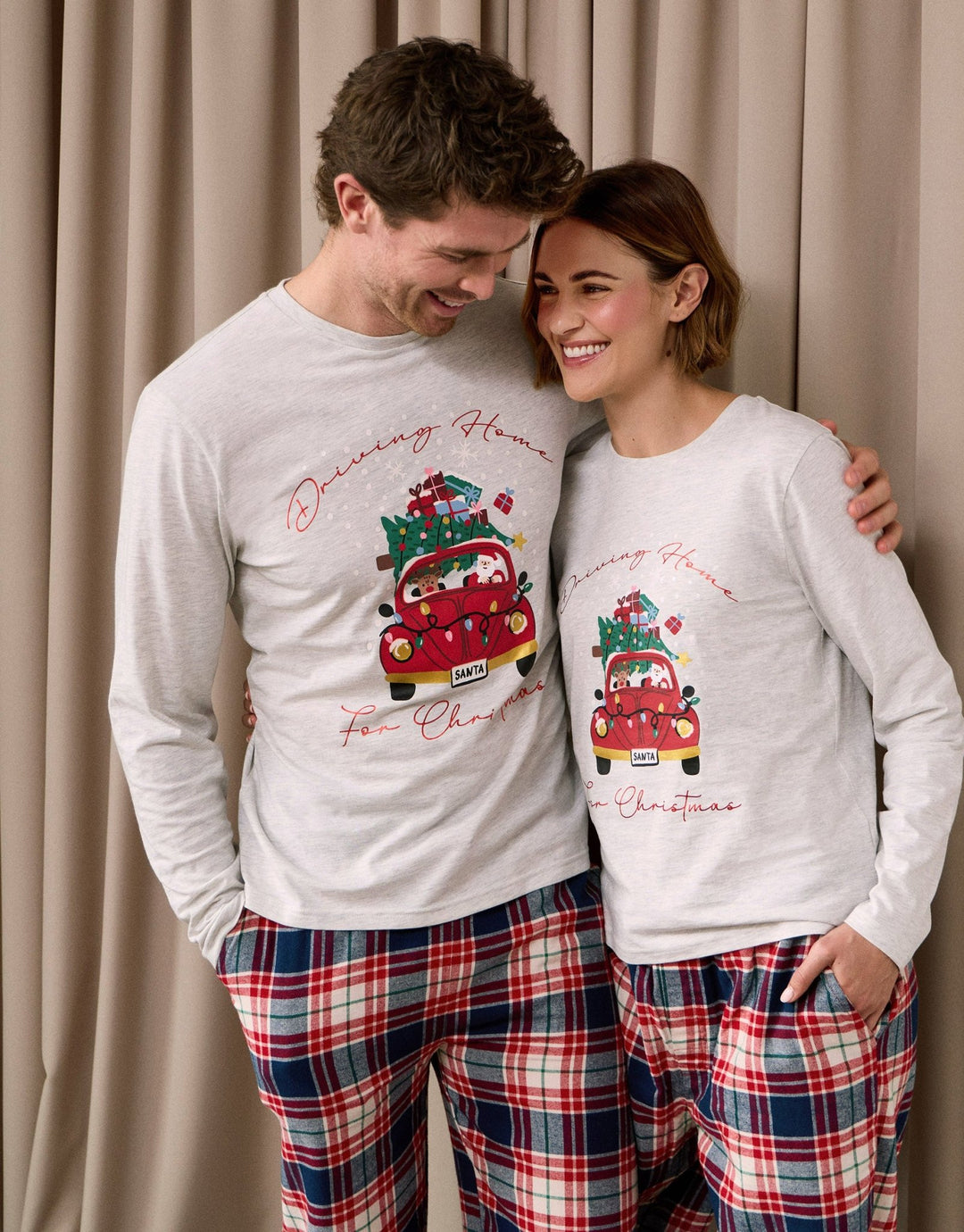 Cotton Driving Home for Christmas Pyjama Set in Cream Check