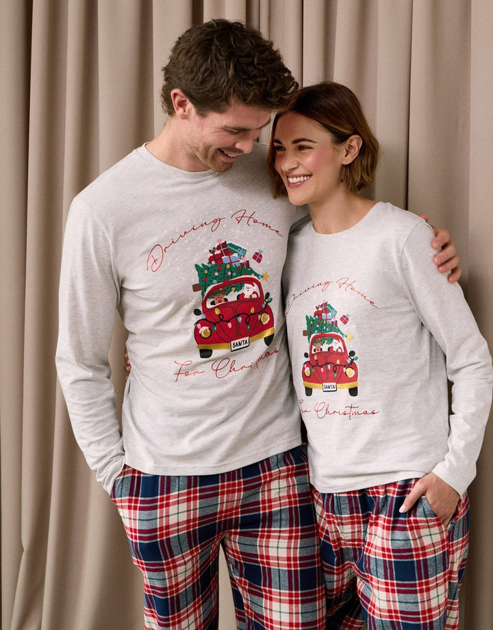 Cotton Driving Home for Christmas Pyjama Set in Cream Check