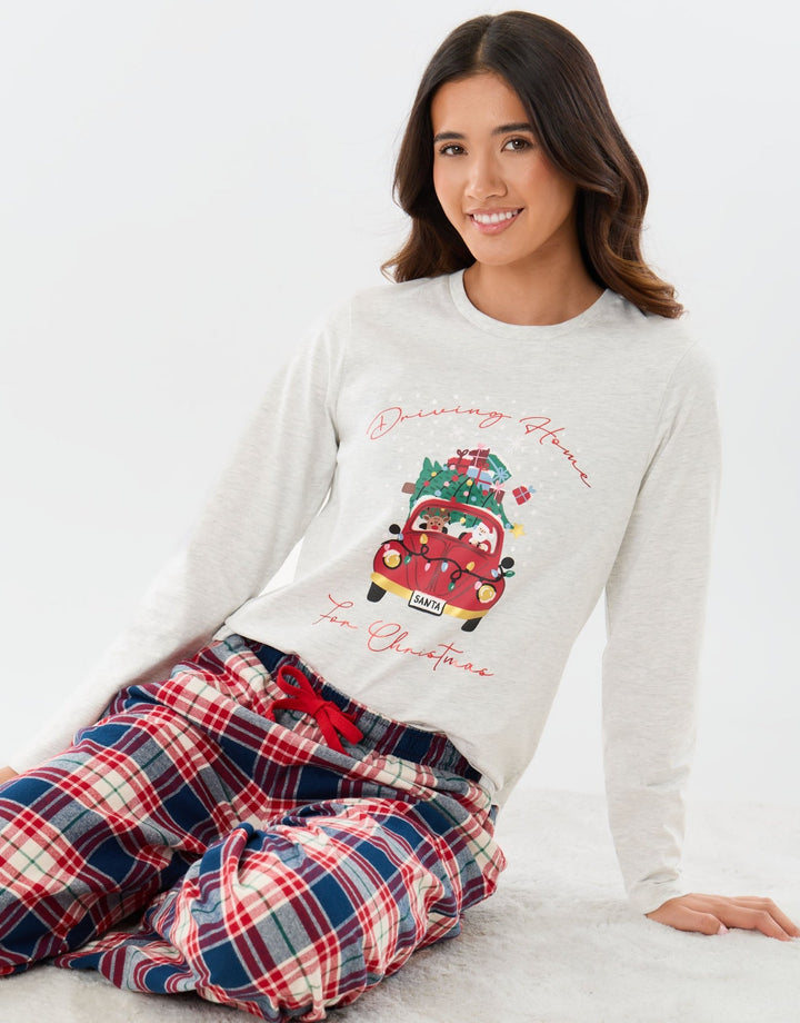 Petite Cotton Driving Home for Christmas Pyjama Set in Cream Check