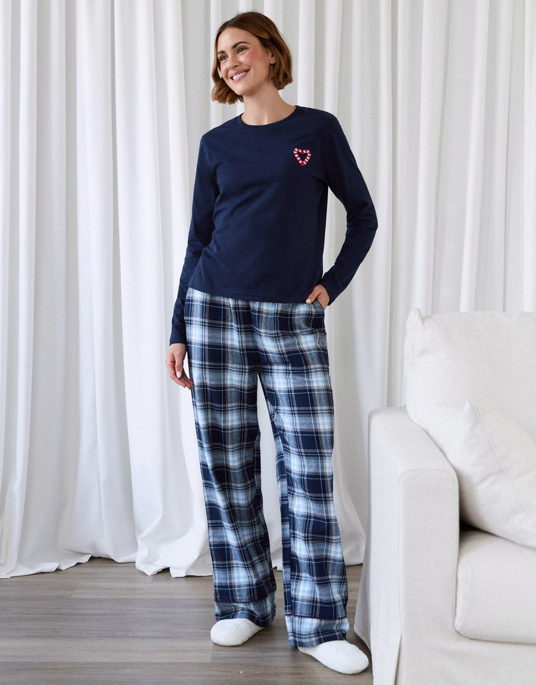 Cotton Embroidered Candy Cane Christmas Pyjama Set in Navy Check