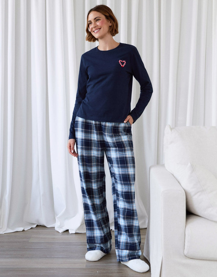 Cotton Embroidered Candy Cane Christmas Pyjama Set in Navy Check