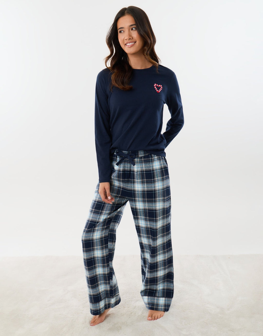 Petite Cotton Embroidered Candy Cane Christmas Pyjama Set in Navy Check