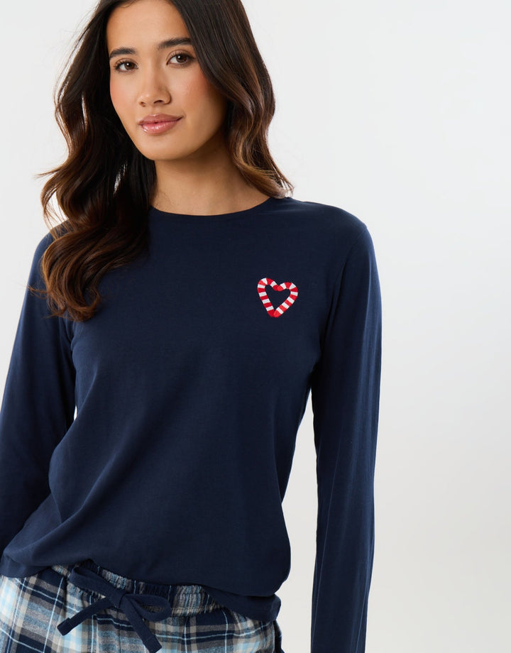 Petite Cotton Embroidered Candy Cane Christmas Pyjama Set in Navy Check