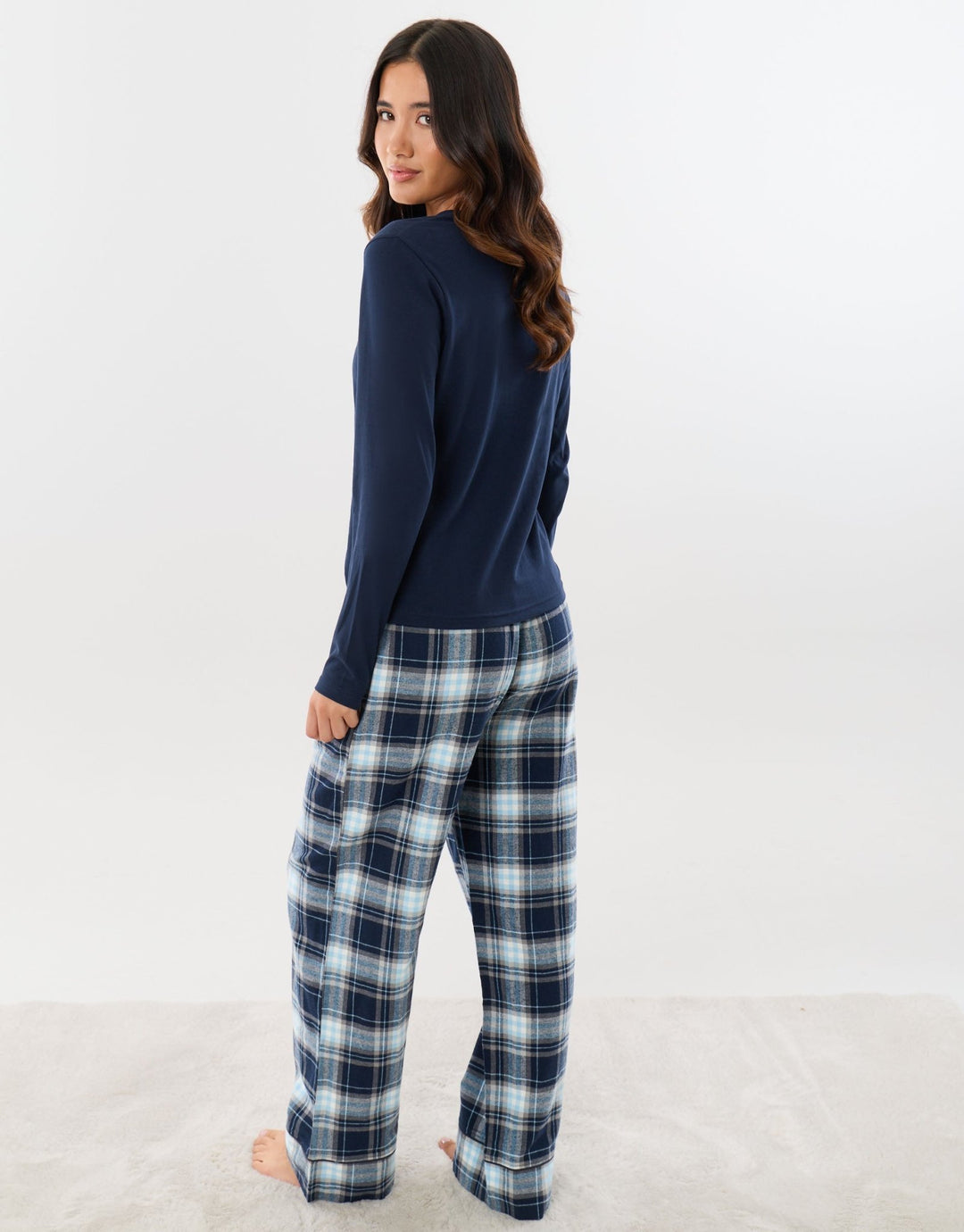 Cotton Embroidered Candy Cane Christmas Pyjama Set in Navy Check
