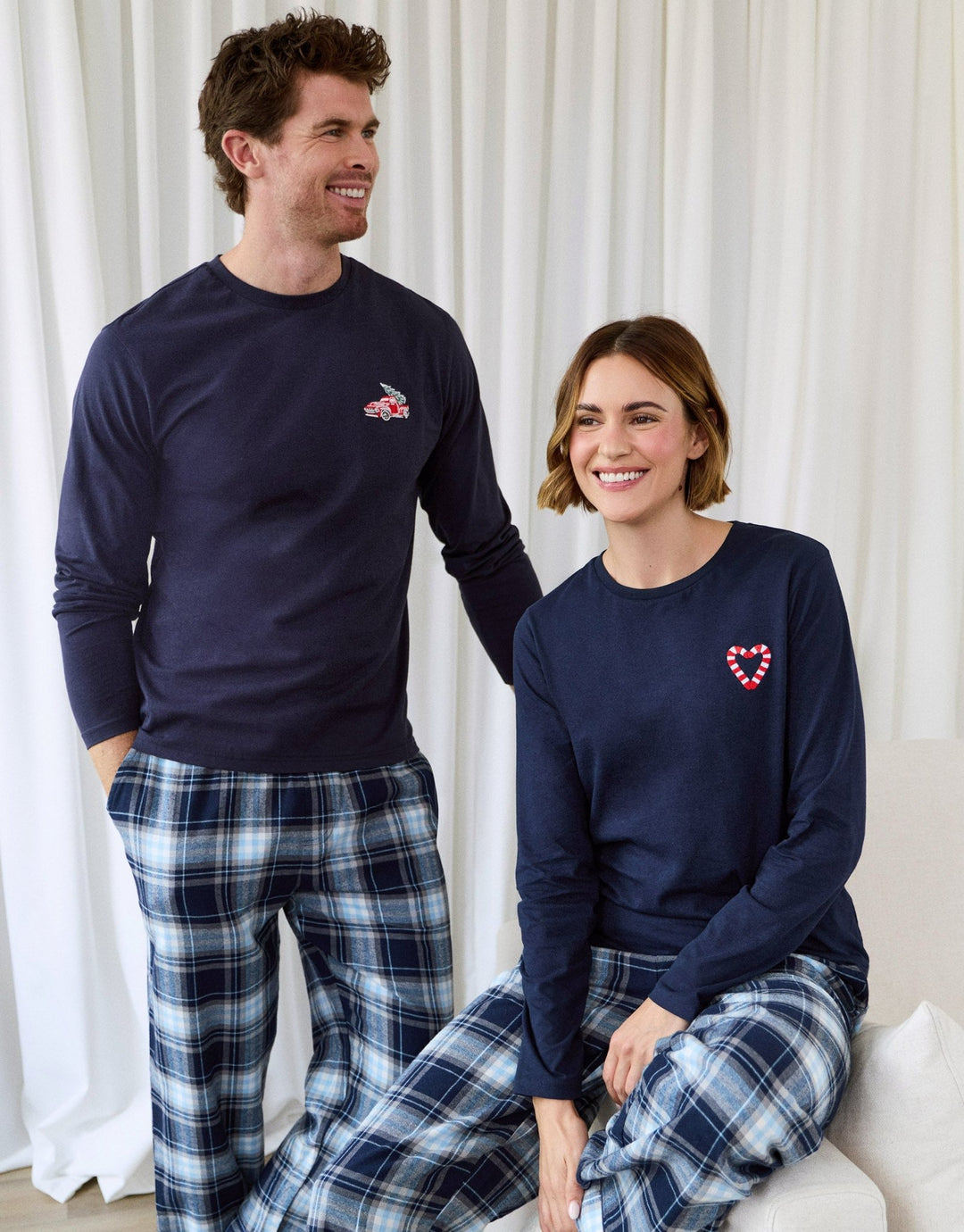 Cotton Embroidered Candy Cane Christmas Pyjama Set in Navy Check