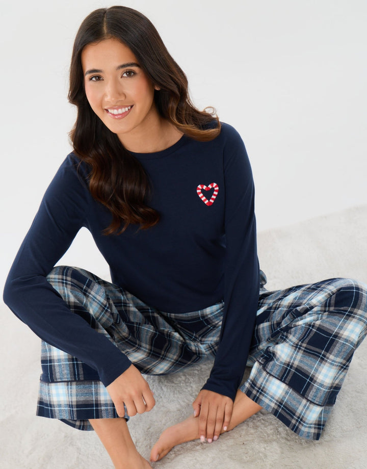 Cotton Embroidered Candy Cane Christmas Pyjama Set in Navy Check