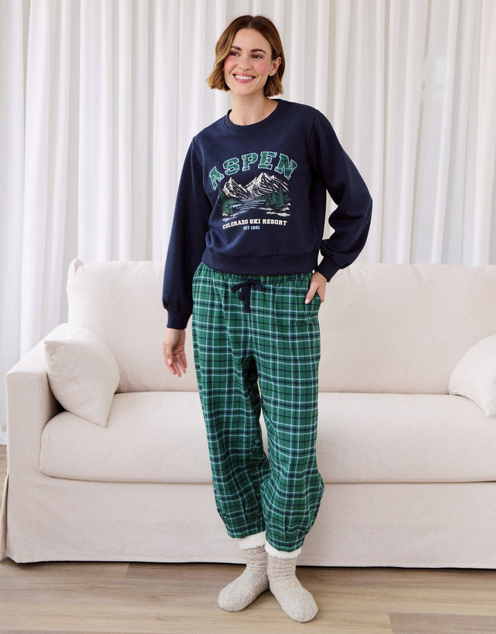 Petite Sweatshirt & Barrel Leg Trousers Pyjama Set in Green Check