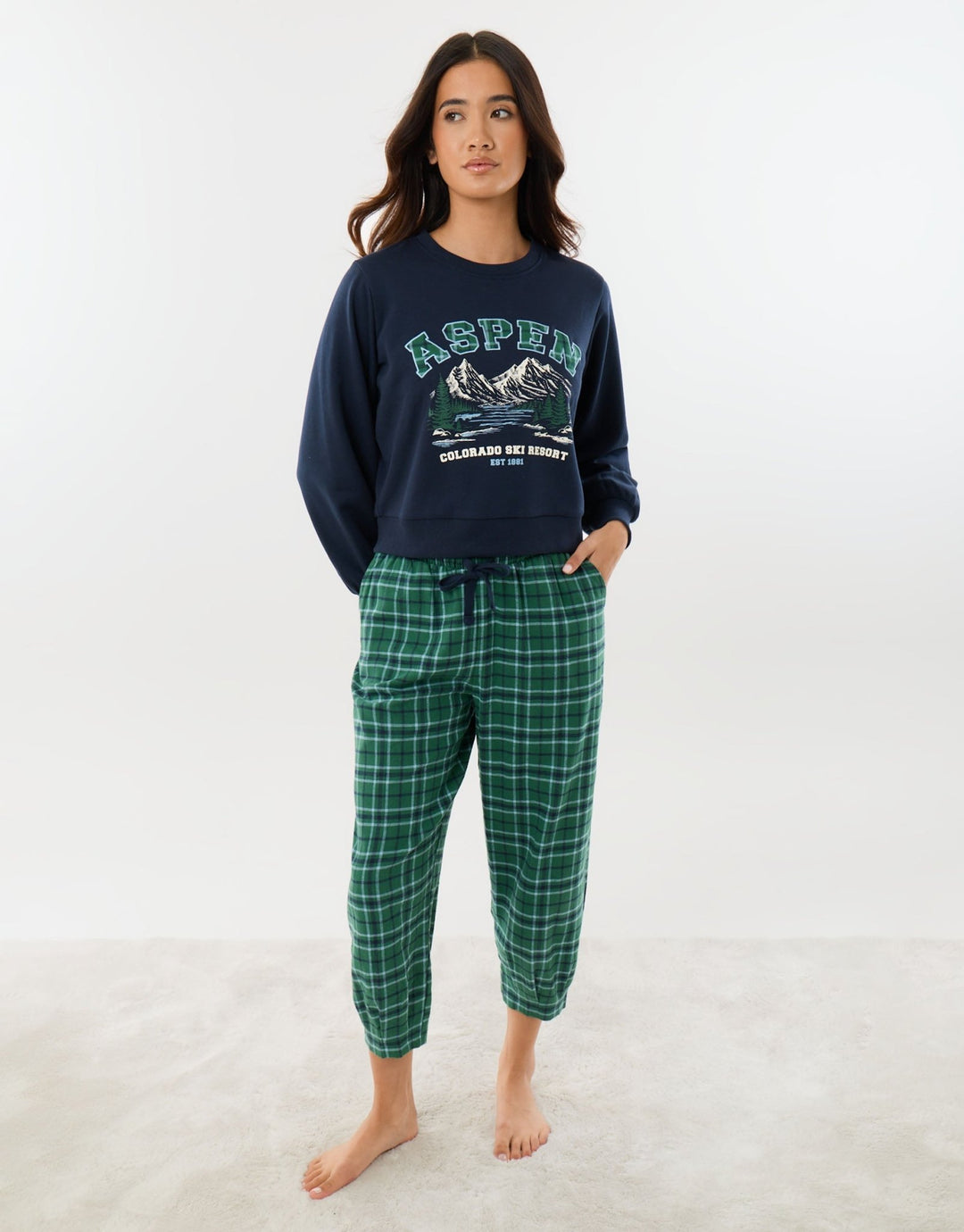 Petite Sweatshirt & Barrel Leg Trousers Pyjama Set in Green Check