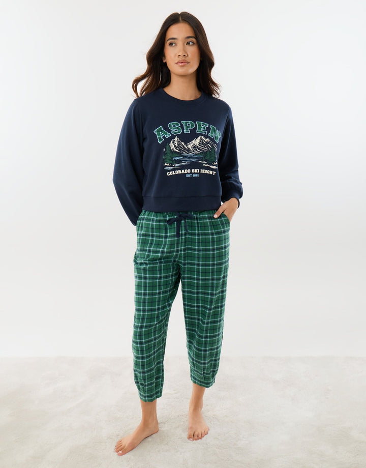 Petite Sweatshirt & Barrel Leg Trousers Pyjama Set in Green Check