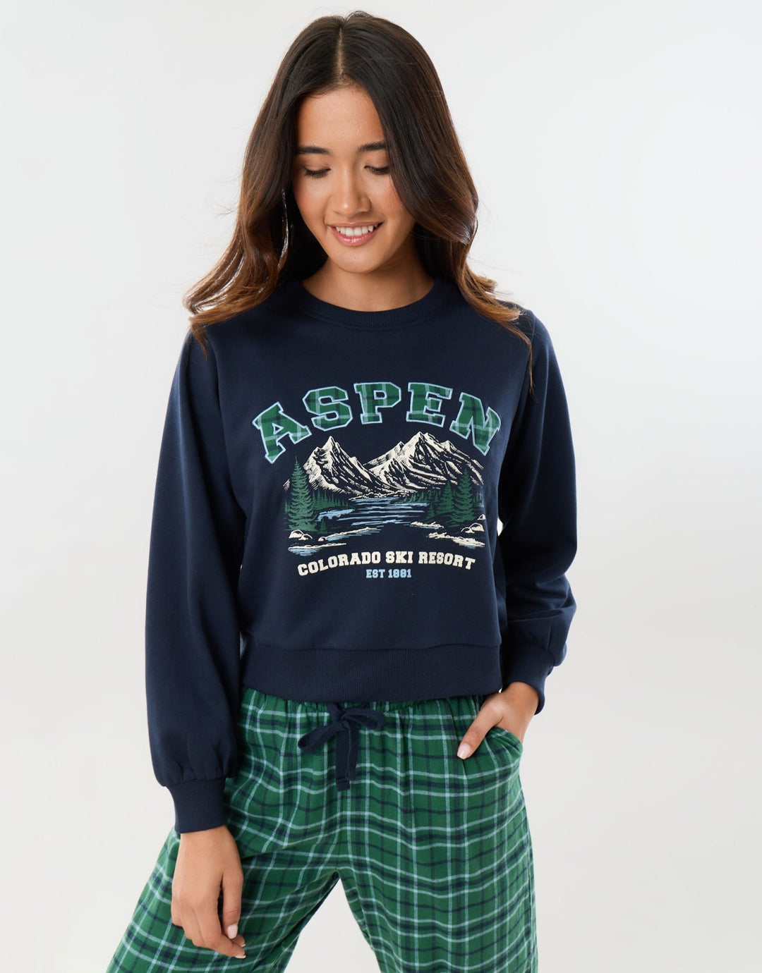 Petite Sweatshirt & Barrel Leg Trousers Pyjama Set in Green Check