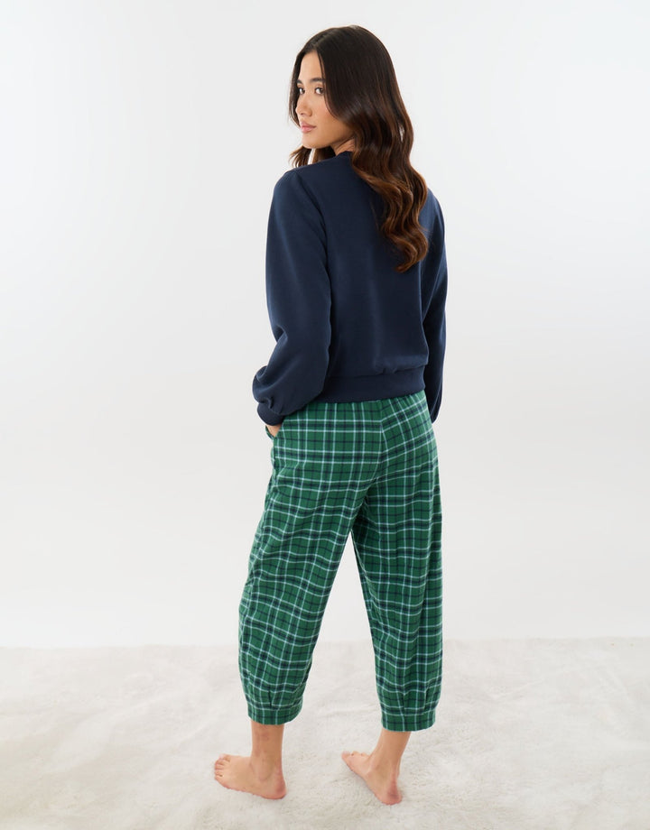 Petite Sweatshirt & Barrel Leg Trousers Pyjama Set in Green Check