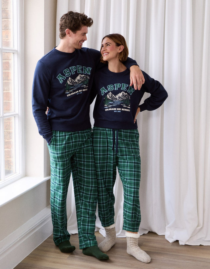 Petite Sweatshirt & Barrel Leg Trousers Pyjama Set in Green Check