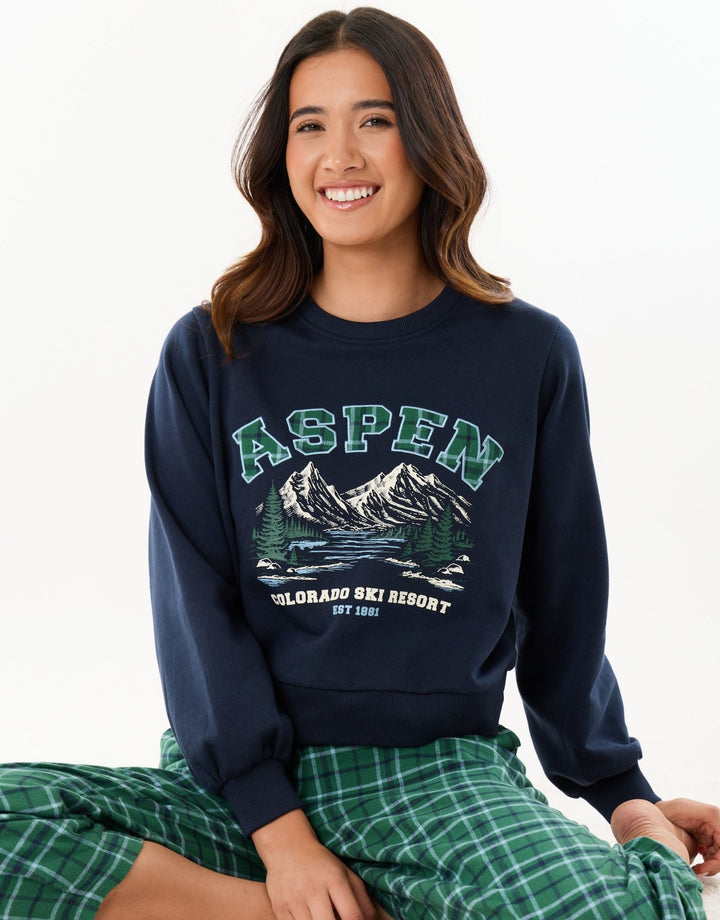 Petite Sweatshirt & Barrel Leg Trousers Pyjama Set in Green Check
