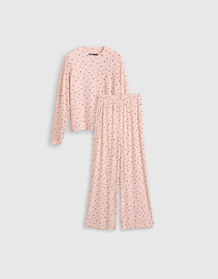 Long Sleeve and Trousers Pyjama Set in Dusky Pink Floral Print