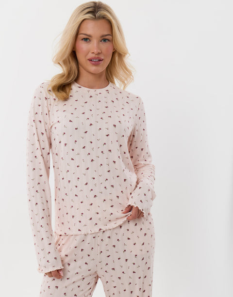Threadbare Long Sleeve and Trousers Pyjama Set in Dusky Pink Floral Print - detail