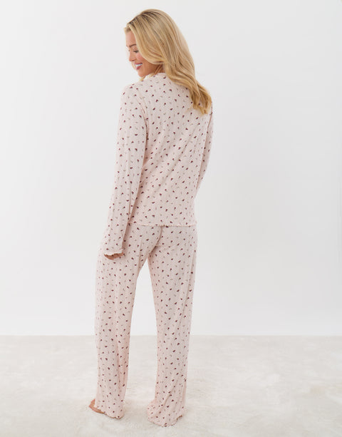 Threadbare Long Sleeve and Trousers Pyjama Set in Dusky Pink Floral Print - back view