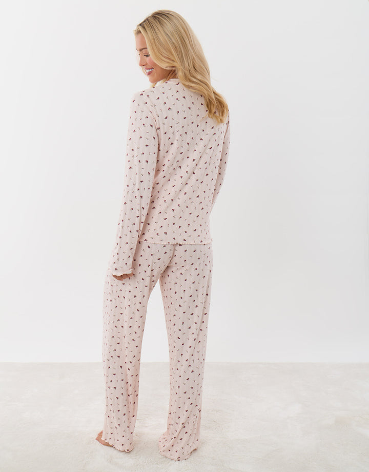 Threadbare Petite Long Sleeve & Trousers Pyjama Set in Dusky Pink Floral Print - back view