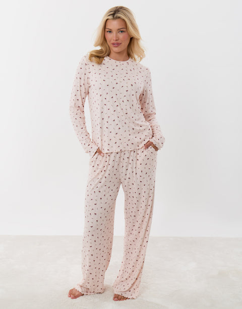 Threadbare Petite Long Sleeve & Trousers Pyjama Set in Dusky Pink Floral Print - front view