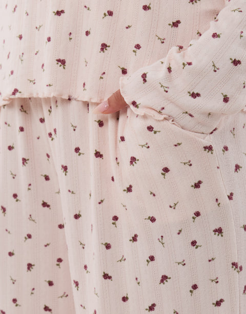 Threadbare Petite Long Sleeve & Trousers Pyjama Set in Dusky Pink Floral Print - detail