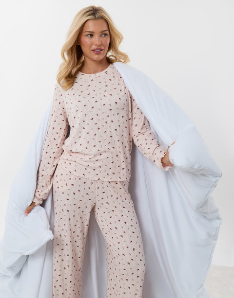 Threadbare Long Sleeve and Trousers Pyjama Set in Dusky Pink Floral Print - duvet