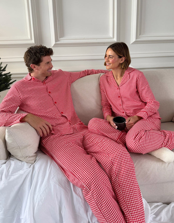 Cotton Button Down Pyjama Set in Red Gingham