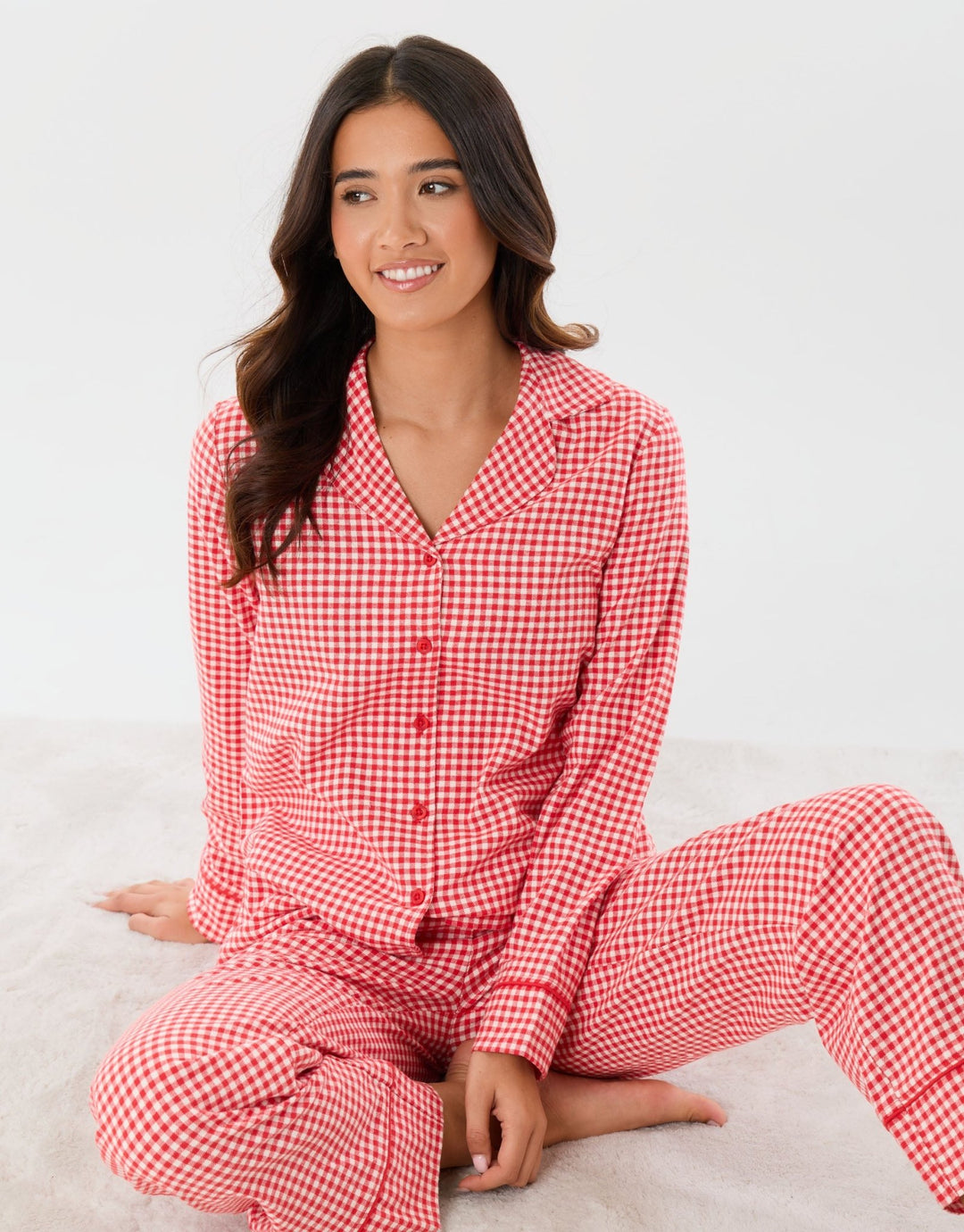 Petite Cotton Button Up Pyjama Set in Red Gingham