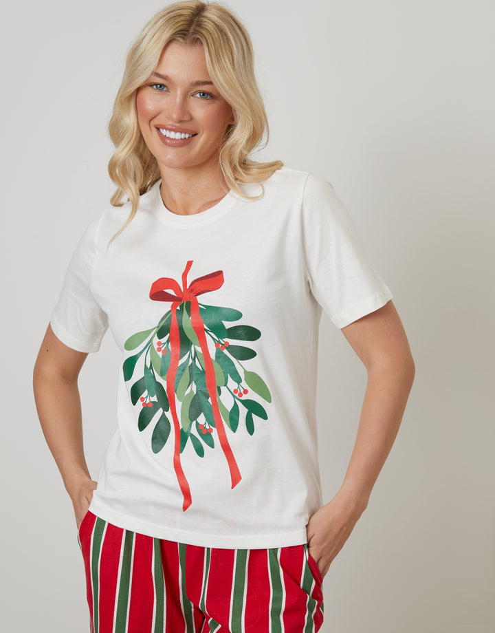 Cream Mistletoe Graphic Print Pyjamas (2-Piece Set)