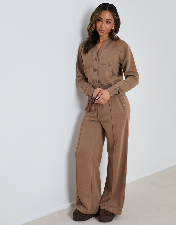 Brown Sweat Bomber Cardigan & Jogger Co-ord (2-Piece Set)