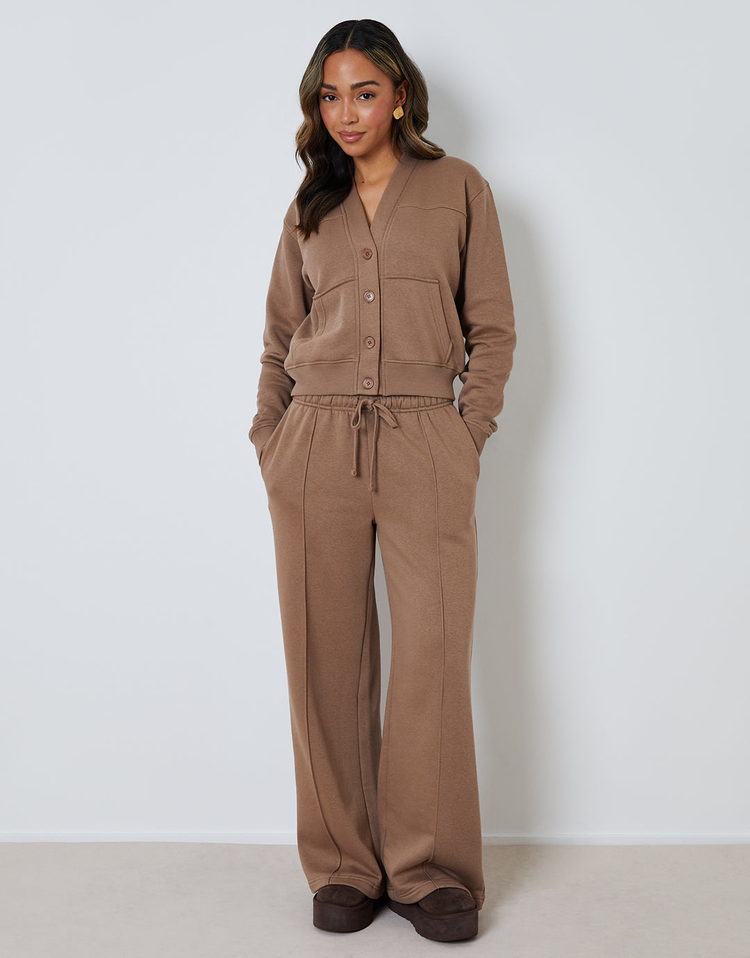 Brown Sweat Bomber Cardigan & Jogger Co-ord (2-Piece Set)