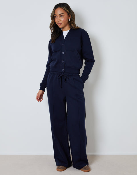 Threadbare Sweat Bomber Cardigan & Jogger Co-ord Set in Navy - front view
