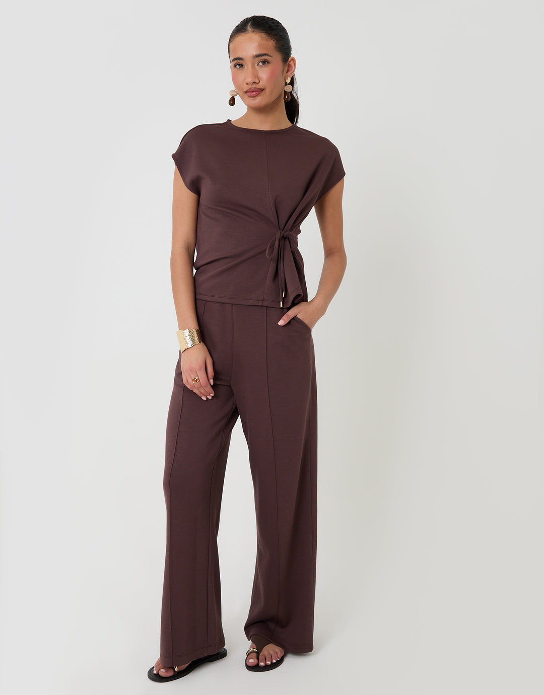 Petite Relaxed Fit Tie Top & Wide Leg Trousers Set in Chocolate Brown