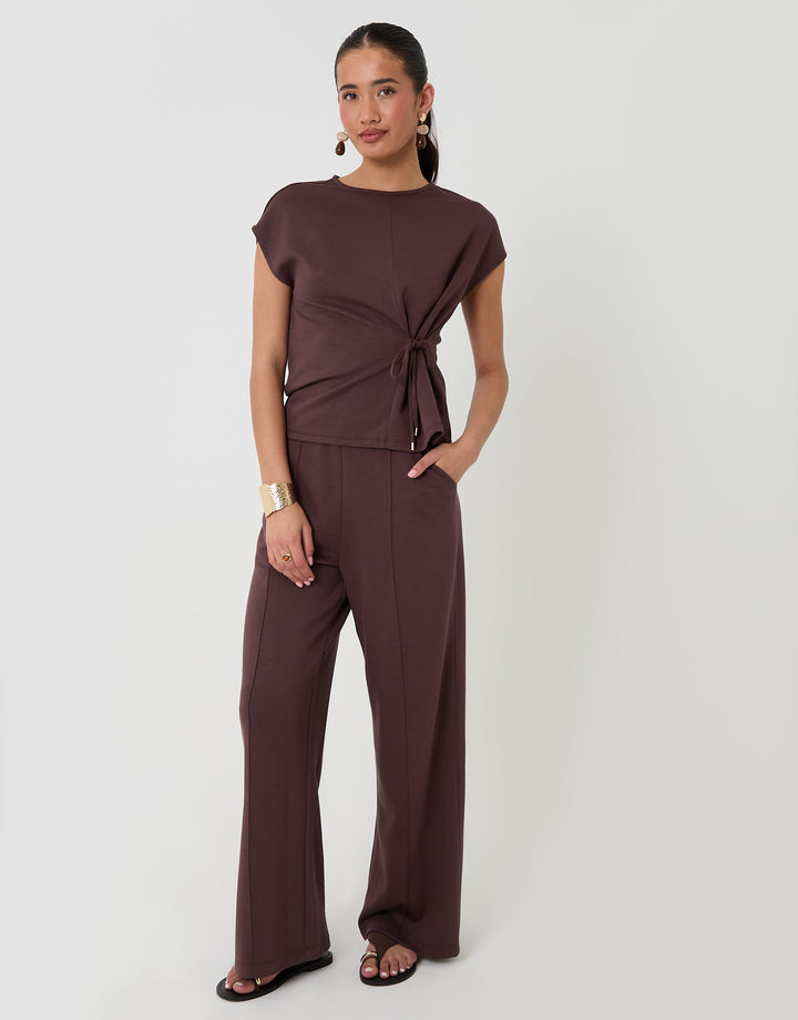 Petite Relaxed Fit Tie Top & Wide Leg Trousers Set in Chocolate Brown