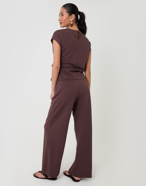 Threadbare Relaxed Fit Tie Top & Wide Leg Trousers Set in Chocolate - back view