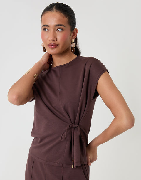 Threadbare Relaxed Fit Tie Top & Wide Leg Trousers Set in Chocolate - close up