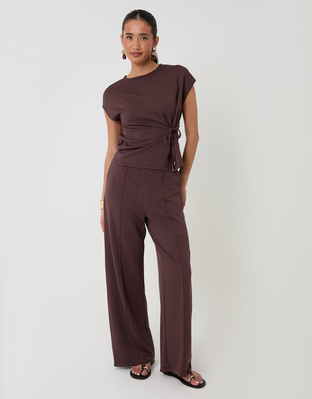 Threadbare Relaxed Fit Tie Top & Wide Leg Trousers Set in Chocolate - full body