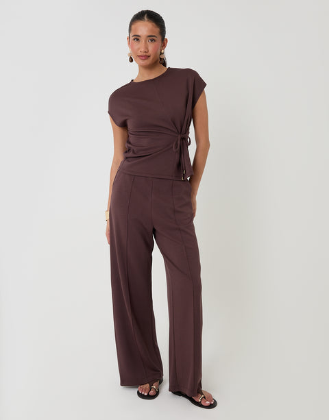 Threadbare Relaxed Fit Tie Top & Wide Leg Trousers Set in Chocolate - full body