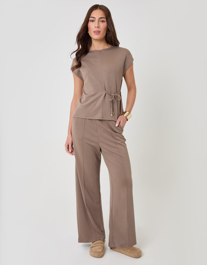 Threadbare Relaxed Fit Tie Top & Wide Leg Trousers Set in Mink Brown - full body