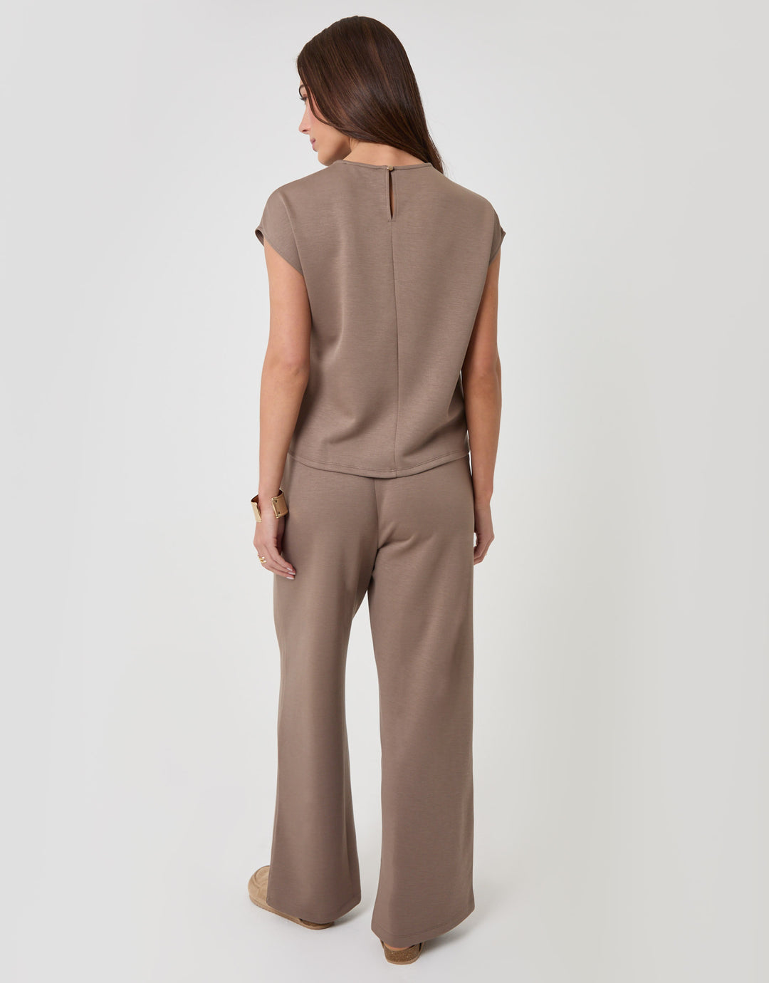 Petite Relaxed Fit Tie Top & Wide Leg Trousers Set in Mink Brown