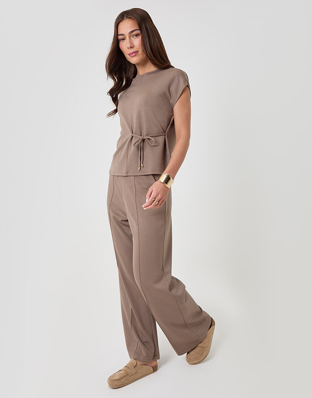 Petite Relaxed Fit Tie Top & Wide Leg Trousers Set in Mink Brown