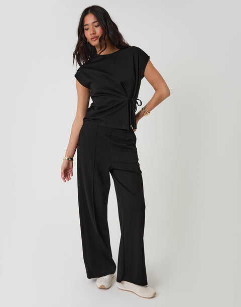 Threadbare Relaxed Fit Tie Top & Wide Leg Trousers Set in Black - full body