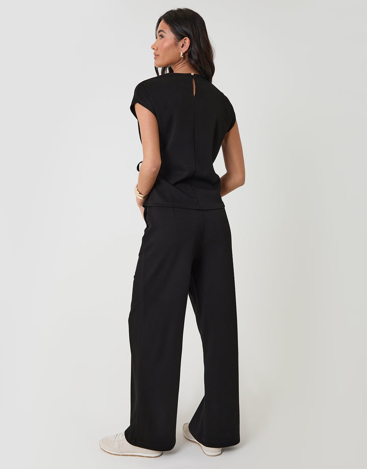 Threadbare Relaxed Fit Tie Top & Wide Leg Trousers Set in Black - back view