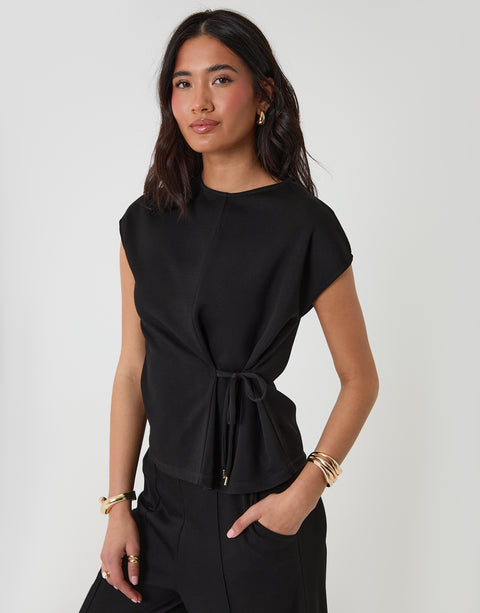 Threadbare Relaxed Fit Tie Top & Wide Leg Trousers Set in Black - close up