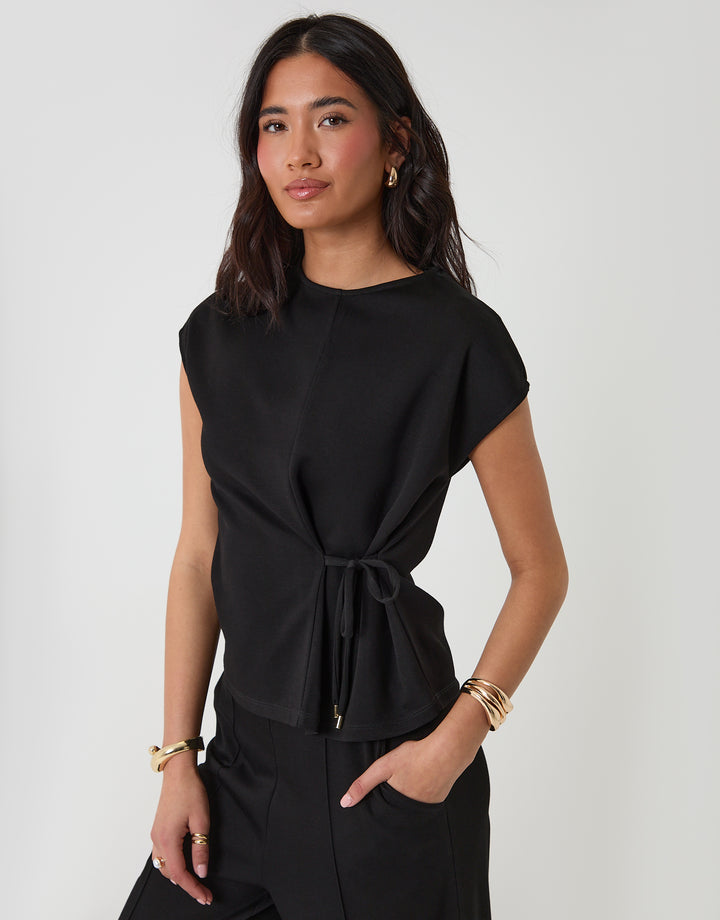 Threadbare Relaxed Fit Tie Top & Wide Leg Trousers Set in Black - close up