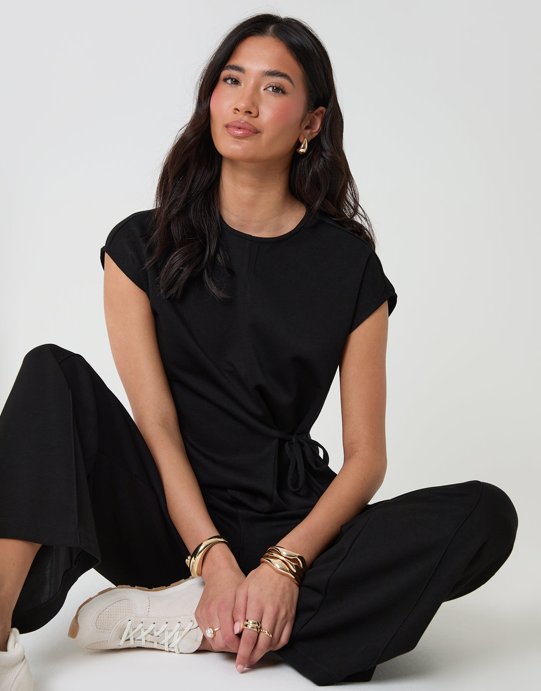 Threadbare Relaxed Fit Tie Top & Wide Leg Trousers Set in Black - sat down