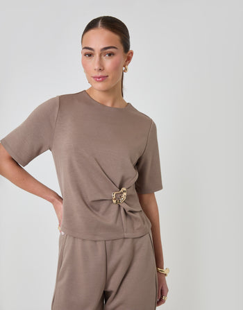 Threadbare Relaxed Fit Knot Detail Top & Barrel Leg Trousers Set in Mink Brown - close up