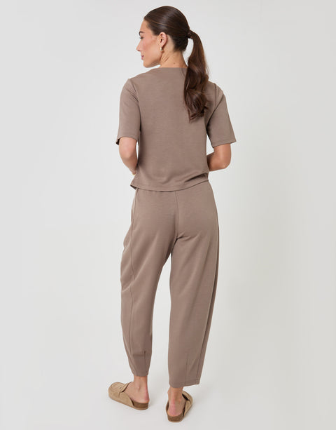 Threadbare Relaxed Fit Knot Detail Top & Barrel Leg Trousers Set in Mink Brown - back view